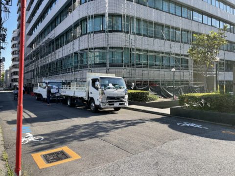 栄、足場工事、1日目